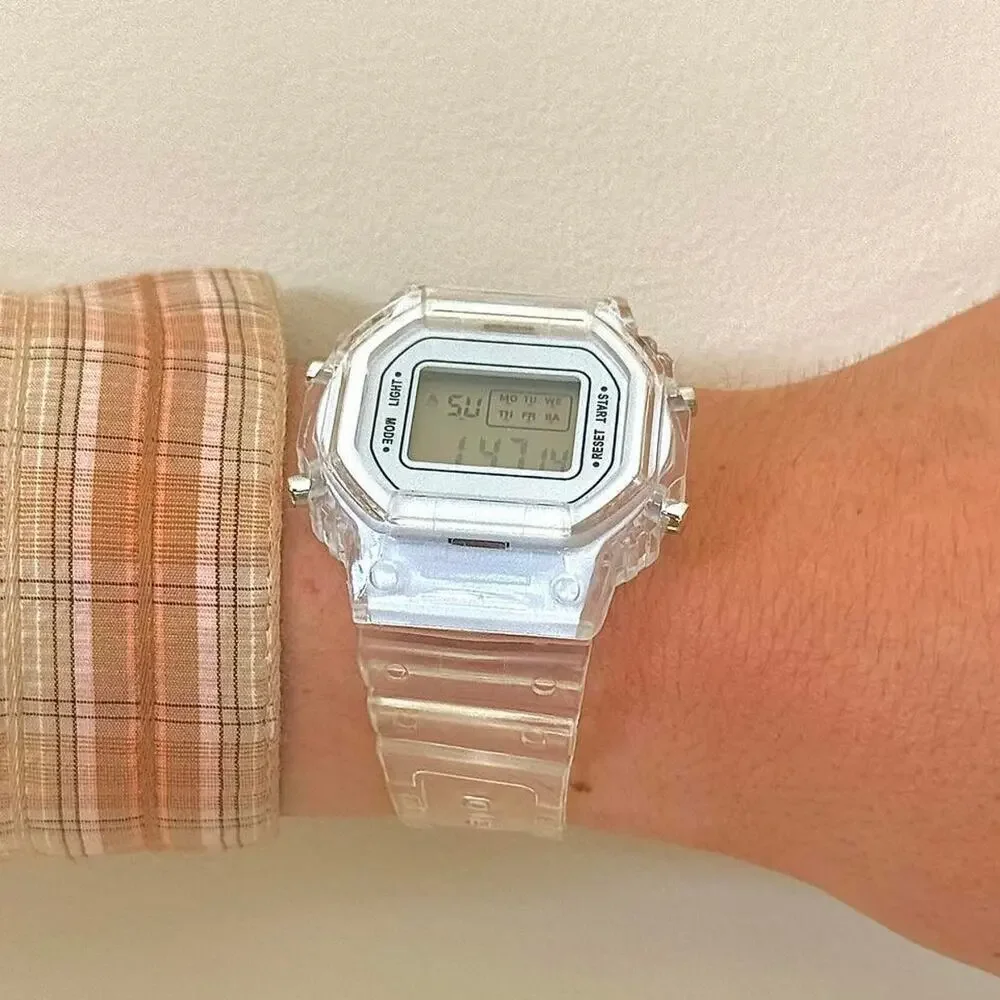 Clear Digital Watch White Accents Unisex Y2K Style Quartz New